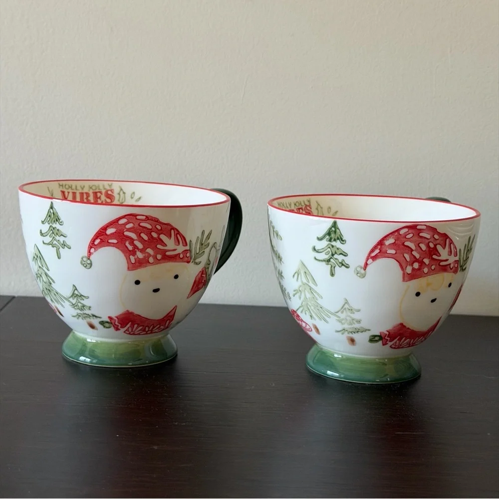 World Market Holly Jolly Vibes Christmas Mugs Woodland Santa Set of 2 NWOT